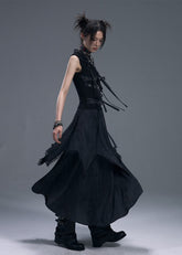 타이-웨이스트 불규칙 헴 드레스